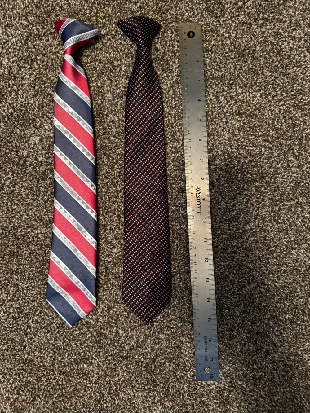 2 Clip On Ties - Never Worn- Classic Red & Navy Striped / Red & Black Patterned